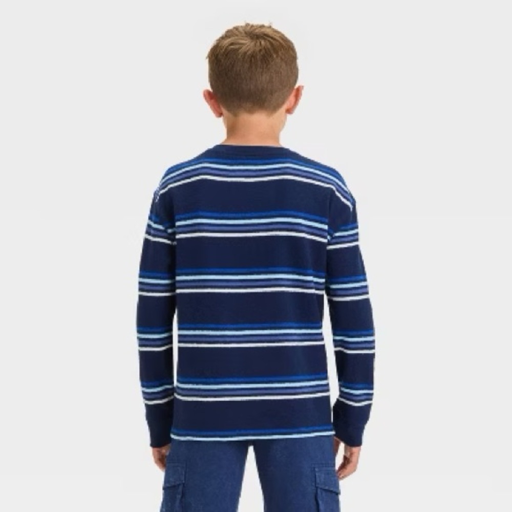 Cat & Jack Boys' Long Sleeve Relaxed Fit Striped Henley Shirt - Navy Blue S - Picture 2 of 4